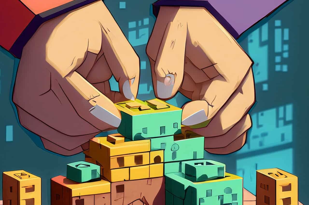 A pair of hands is shown carefully constructing a mini fort out of small blocks, each of them inscribed with words related to privacy such as "confidentiality", "anonymity", "encryption", "security", "consent", etc. Each block represents a different component of a robust privacy policy.