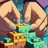 A pair of hands is shown carefully constructing a mini fort out of small blocks, each of them inscribed with words related to privacy such as "confidentiality", "anonymity", "encryption", "security", "consent", etc. Each block represents a different component of a robust privacy policy.