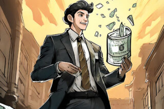 A man in a suit holding a roll of cash.