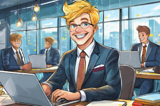 A happy business man looks up from his laptop, which probably has a SaaS Agreement on it.