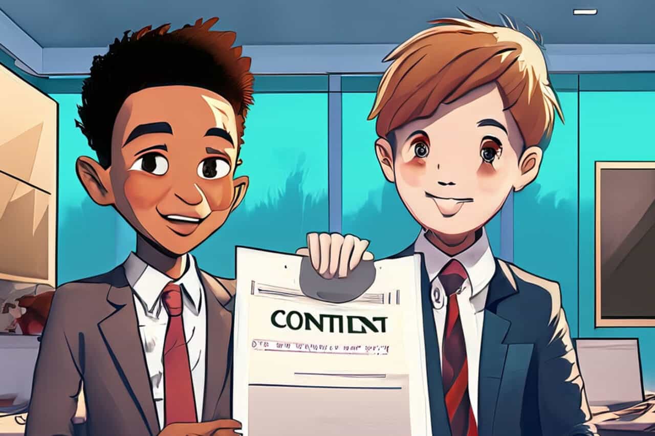 Two anime guys hold a business partnership contract in a busy office.