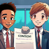Two anime guys hold a business contract contract in a busy office.