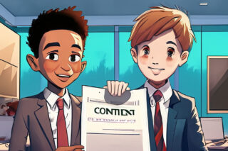 Two anime guys hold a business contract contract in a busy office.
