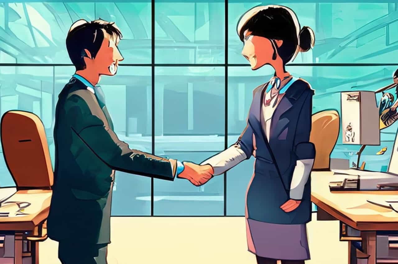 A busy office with two people shaking hands in the foreground after signing an employment contract.