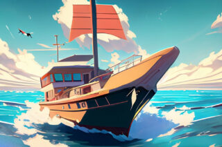 An anime image of a boat sailing to represent an overseas expansion.