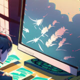 An anime image of a man at a laptop surrounded by legal documents.