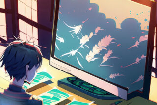 An anime image of a man at a laptop surrounded by legal documents.