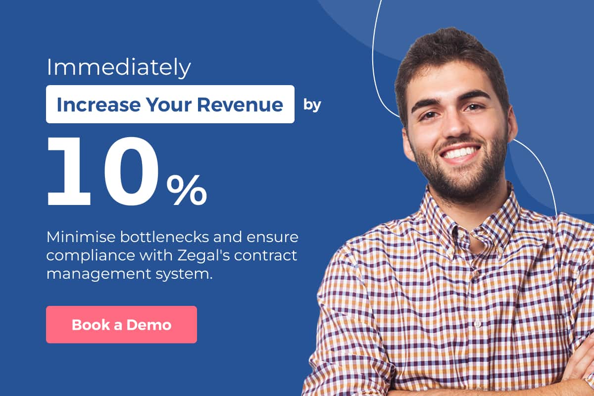 A banner of a happy man under the headline "Increase your revenue by 10%". The image is a CTA to book a demo with Zegal.
