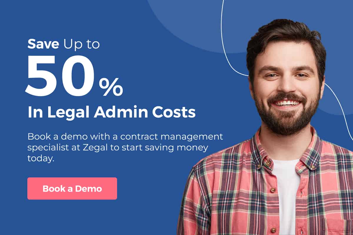 A banner of a happy man under the headline "Save up to 50% in Legal Admin Fees". The image is a CTA to book a demo with Zegal.