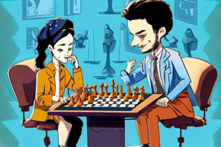 Two people play chess in an office. Manga style.