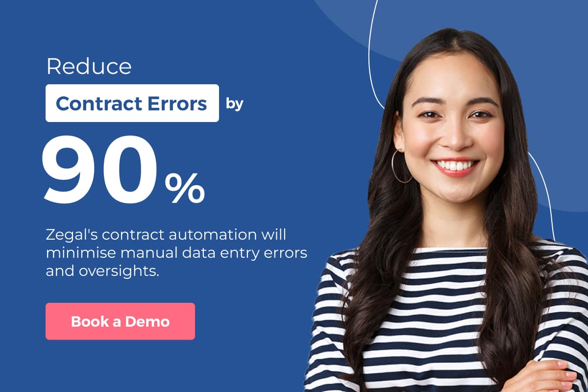 A banner of a happy lady under the headline "Reduce Contract Errors by 90%". The image has a CTA to book a demo with Zegal.