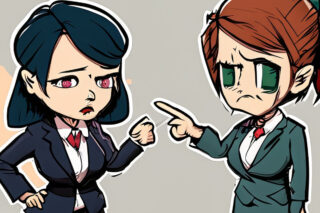 An angry manager pointing at a dejected looking employee. Manga style.