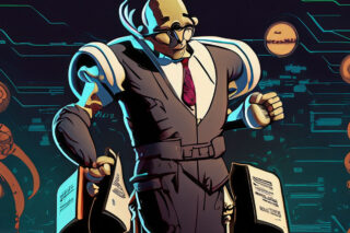 A futuristic looking robo-lawyer, carrying some fancy looing future legal tech devices.