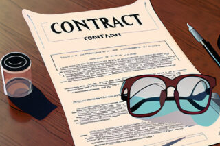 A contract on a grand wooden desk. A pair of glasses sit on the contract.