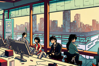 A busy office in Hong Kong, manga style.