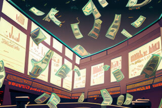 A manga styled stock exchange with shares and money falling from the ceiling.
