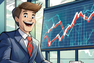 A happy employee looks at a screen that shows his vesting shares grow.