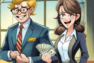 A nervous looking lawyer looks upon a businesswoman clutching a wad of cash.
