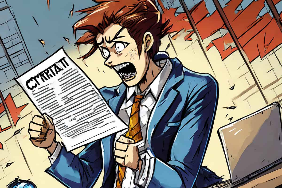 An illustrated and angry man looks at a contract with pure rage in his eyes.