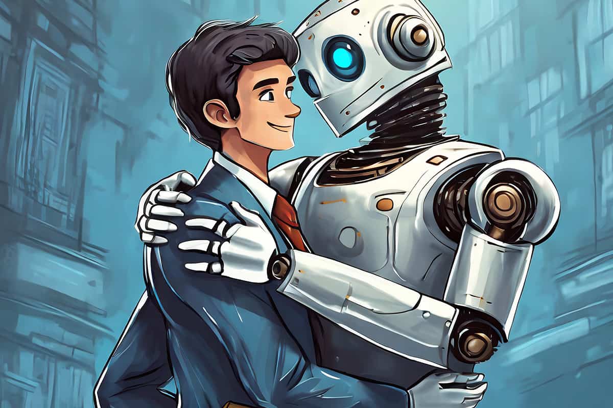 A human lawyer lovingly embraces a robot.