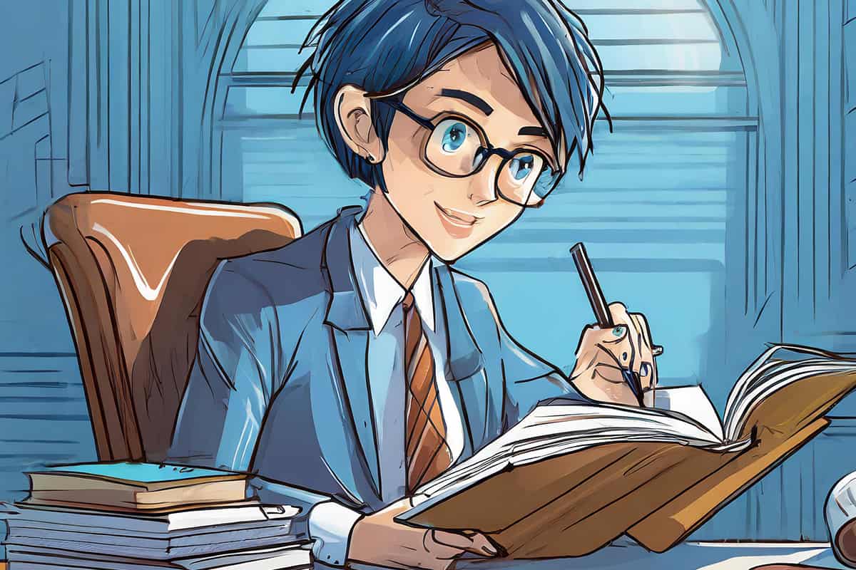 A lawyer studies a pile of books while performing due diligence. It's animated, manga style.