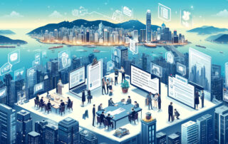 An illustration of the Hong Kong skyline with a bustling office in the foreground.