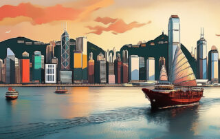 An illustration of Victoria Harbour and the Hong Kong skyline.