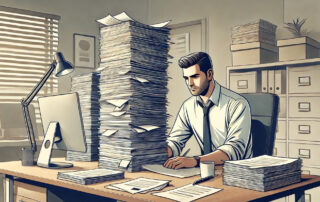 A man sits in front of a pile  of paper contracts, wishing he had used Zegal for CLM.