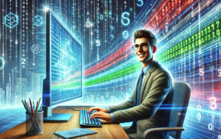 A happy man sits at a desk as vast amounts of data flows into his computer. It shows how easy legal middleware makes things.