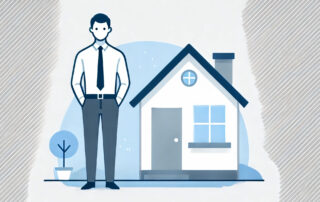 A clean, minimalistic illustrated image featuring a man standing next to a house. The design uses flat illustration style with Zegal's brand colours—blue, white, and grey. The scene is simple, professional, and approachable, focusing on clarity and visual appeal. Ideal for use in professional content related to real estate or lease management.