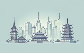 An illustrated generic Asian skyline full of big office blocks, to represent enterprise businesses.