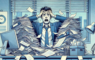 A stressed man sweats over a huge pile of contracts.